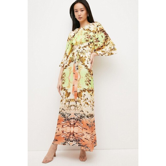 Karen Millen Dresses & Skirts - Karen Millen Mirrored Tulipa Print Satin Maxi Dress Sz 12 Cut Out Back